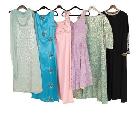 Circa 1940-60s Ladies' Evening Wear, comprising a grey crepe sleeveless dress with bead details to the bodice and matching bo