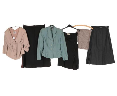 Circa 1940-50s Ladies' Jackets and Skirt, comprising a black wool straight jacket, three button fastening, button and tab det