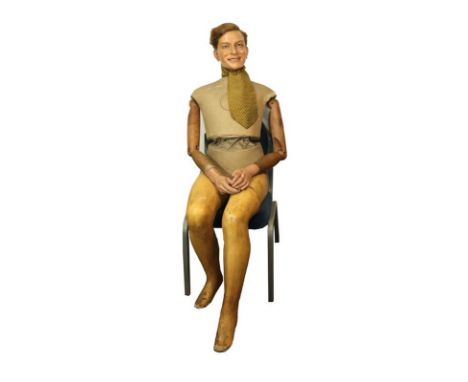 Circa 1930s Full Size Seated Male Mannequin 'Dick', with wooden and fabric mounted body, jointed elbows and shoulders, plaste