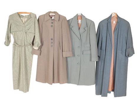 Circa 1940-50s Ladies' Wear comprising a green and cream wool dress with 3/4 length sleeves, front pockets faux bodice and ma