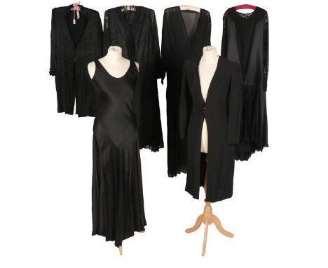 Circa 1920-30s Ladies' Clothing, comprising two similar black lace long sleeved drop waist dresses with silk and chiffon inse