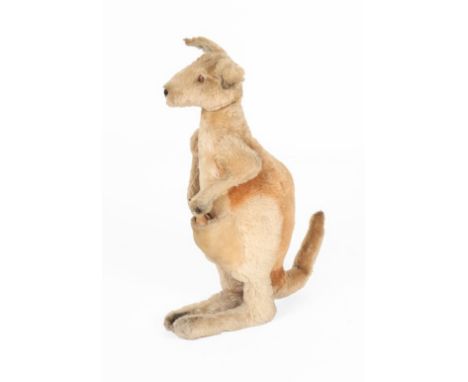 A Circa 1930s Large Steiff Mohair Kangaroo and Joey, the tan and rust mohair straw filled Roo with brown glass eyes, black st