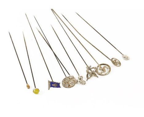 Assorted Hat Pins, comprising a 9ct gold small tear drop shaped pin; two Charles Horner 'Flaming Grenade' silver hat pins and