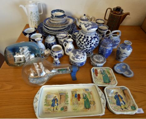 A collection of blue and white china, a collection of Hornsea pottery, two ships in a bottle, a Goebel figure of a woman, a S