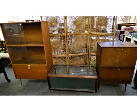 A two piece record cabinet with fold down doors 108 x 69 cm. A mahogany framed display cabinet/table with glazed sides and to