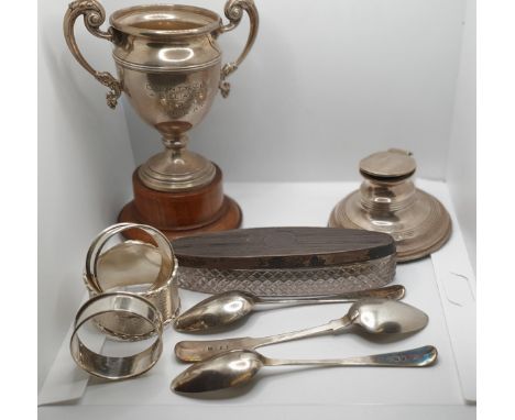 A silver capstan inkwell, Chester 1907, a silver Billiards Cup, Birmingham 1934, three silver napkin rings and three three Ge