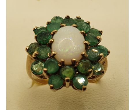 A 9ct gold opal and emerald cluster ring, 3 gms, size M1/2. 