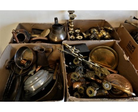 Brass &amp; copper wares, including  candlesticks, oil lamps, scales, blow lamp, pans, utensils, hunting horn and other metal