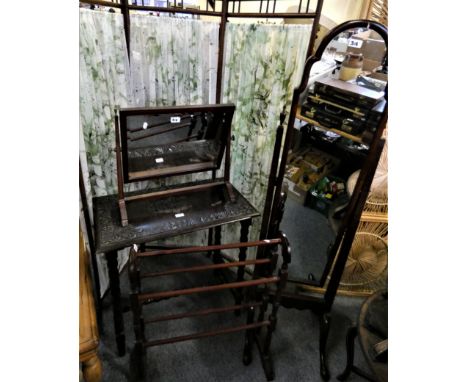 A 3 fold dressing screen, mahogany occasional table with carved top and bobbin style supports, Edwardian inlaid mahogany dres