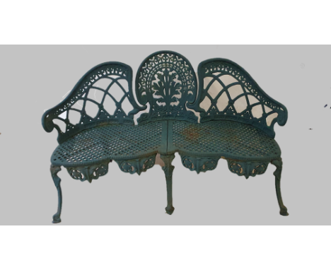 A cast iron green painted three seater garden bench. 