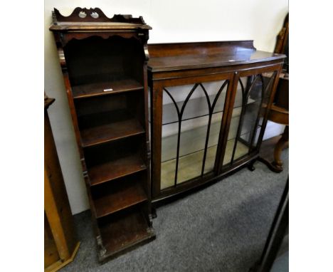 A mahogany 5 height open shelf unit, the top with ¾ gallery 145 x 38 x 43 cm. Together with a an oak glazed bow fronted shelf