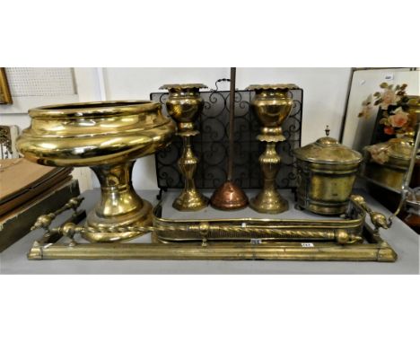 A large circular brass planter. 66cm diameter on raised foot 50cm tall, together with a pair of smaller brass planters, and a