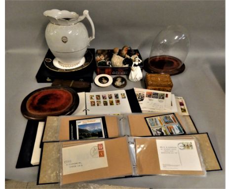 Glass dome on base, quantity of wood bases, first day covers, large ceramic jug, miniatures, Spode York Minster commemorative