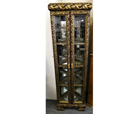 A gilt and black mirrored 4 glass shelf illuminated corner display cabinet. 175 cm high x 53 cm wide. 