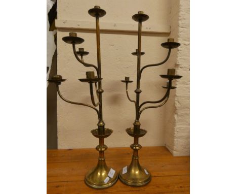 A pair of 6 light brass candelabra, 67 cm and a pair of glass chandeliers (4).