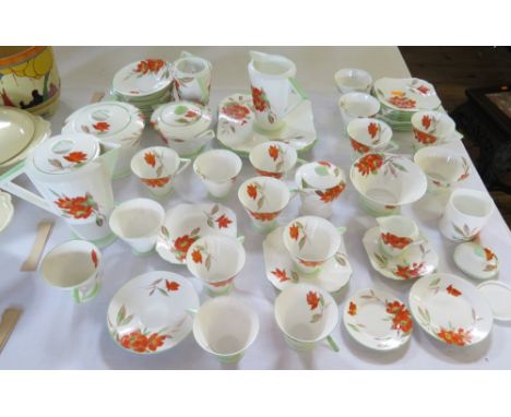 An Art Deco Shelley Floral Decorated Tea Set, faults. Large and small hot water pots, small tea pot and conserve jar damaged.