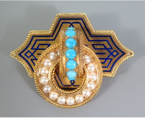 A Victorian Turquoise and Seed Pearl Brooch in a yellow metal enamel setting with picture back, 52 mm wide, 29.3 g