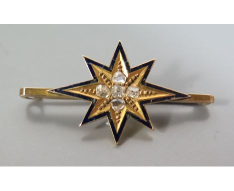 A 9 ct Gold, Rose Cut Diamond and Enamel Star Brooch, 3.2 g