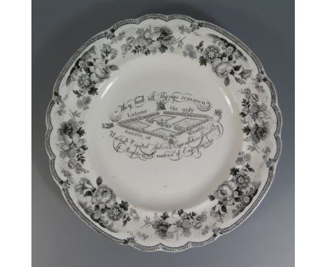 A nineteenth Century Staffordshire Plate with transfer print decorated with plan of an Owenite Settlement, impressed liver bi