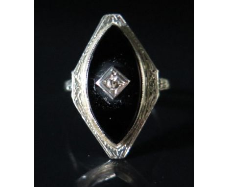 An Art Deco 14K White Gold, Black Onyx and Diamond Ring, size N, 2.7 g