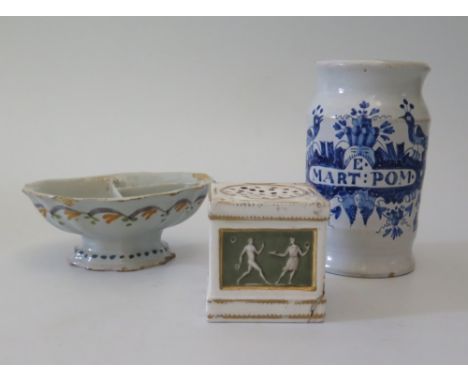 A Delft blue and White Jar 'E. MART:POM., salt and continental sander