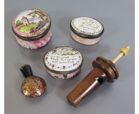 Three Eighteenth Century Enamel Patch Pots, Victorian glass scent bottle and rosewood whistle with ivory tone adjuster