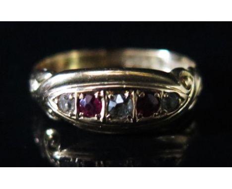 An 18 ct Gold Ruby and Diamond Five Stone Ring, size P, 2.5 g