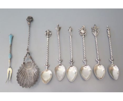 A Set of Six Decorative Continental Silver Coffee Spoons, filigree sugar sifting spoon and enamel spoon, 100 g