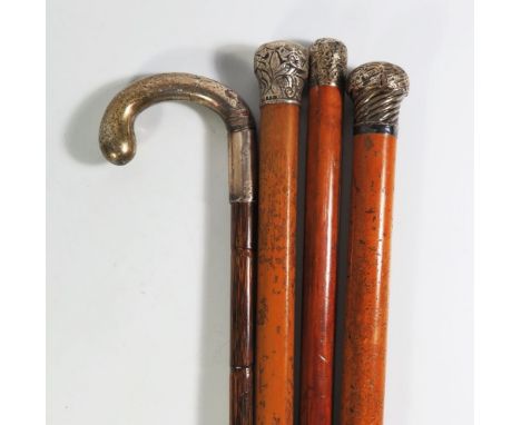 Three Nineteenth Century Silver Mounted Walking Canes and stick