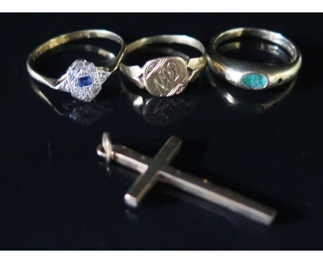 An 18 ct Sapphire and Diamond Ring (1.7 ct), 9 ct Gold and Emerald Ring, 9 ct gold cross (5 g) and one unmarked (1.3 g)