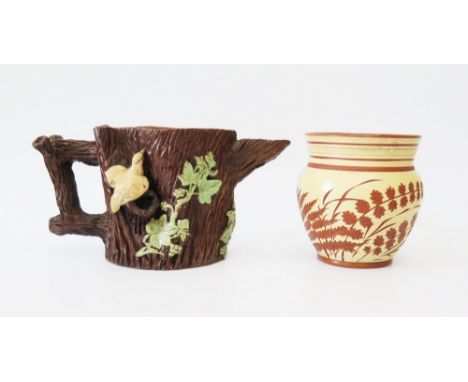 A Pottery Jug of tree trunk form with applied woodpeckers and foliage, impressed E. BINGHAM CASTLE  ?' and Salopian fern deco
