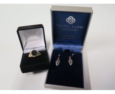 A 9ct Gold and Black Onyx Signet Ring 2.7 g and pair of silver earrings