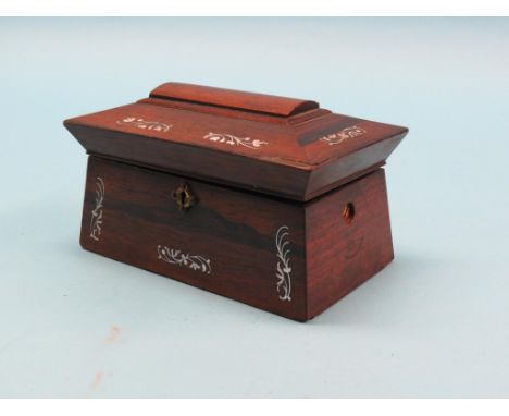 An early Victorian rosewood tea caddy, inlaid with mother of pearl, sarcophagus-shape with enclosed liners, 9in. - faults 