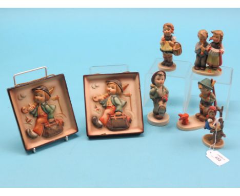 Five various Goebel/Hummel figures, and a pair of similar wall plaques, one plaque repaired, one figure a.f. 