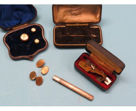 A cased stick-pin, set seed-pearl and two clear stones, together with a pair of 9ct. gold cuff-links, 10.3 grams, silver frui