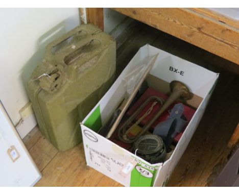 Militaria, including WWII aircraft compass, large capacity Jerry can, US Bugle