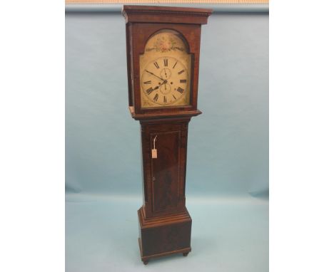 A George III 8-day longcase clock, 14in. painted arched dial with subsidiary date and seconds dials, in inlaid mahogany case 