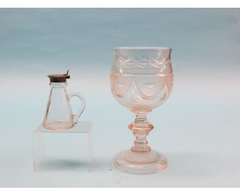 An early Victorian glass bowl, goblet-shape with cut glass detail, annulated knop, 9in., and a silver-mounted glass oil bottl