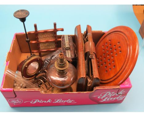 A Victorian mahogany solitaire board, and related ceramic marbles, leather attache case, brass oil lamp, four large framed pi