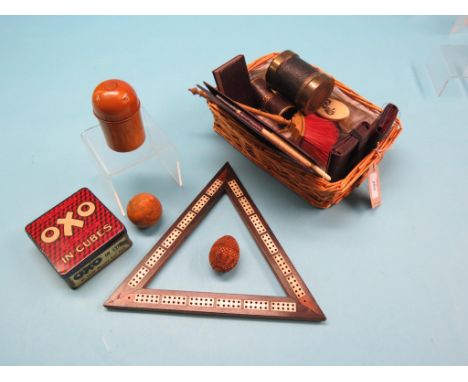 A Victorian rosewood-veneered cribbage board, glass measure within boxwood case, leather dice-shaker, Chinese gourd engraved 