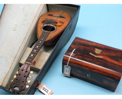 A cased lute, and a Victorian brass-mounted vanity case, 11in.