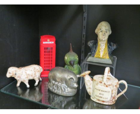 Novelty money banks, including American portrait bust of an officer, 5in. and a cold-painted spelter cockatoo, 5in. - six ite