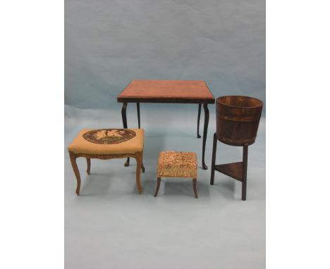 A Louis XV-style upholstered stool, with petit-point needlework seat, together with a brass-bound oak jardiniere stand, uphol