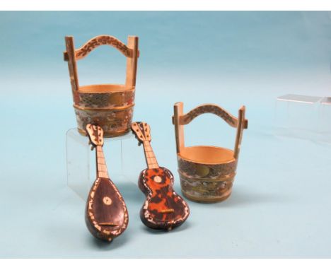 A pair of Satsuma baskets, brightly enamelled, 6in. - repairs, together with a miniature tortoiseshell lute and similar guita