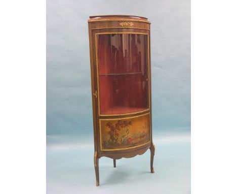 A Louis XV-style dark beech corner-fitting vitrine, with ormolu mounts, single glazed door enclosing shelf, vernis Martin pan