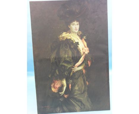 A large oil on canvas - three-quarter length portrait of Lady Sassoon after John Singer-Sargent, with elaborate head-dress, i