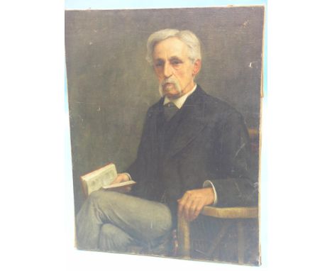 A late Victorian oil on canvas - portrait of a bearded gentleman, seated with book, unsigned, 36 x 28in. - relined 