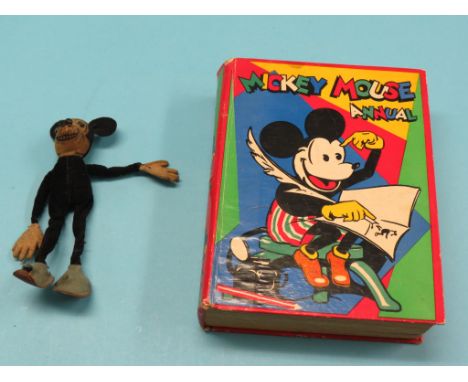 Rare Dean's Mickey Mouse Annual, 1930, first annual edition, together with a Mickey Mouse soft toy, circa 1930, 7in. 