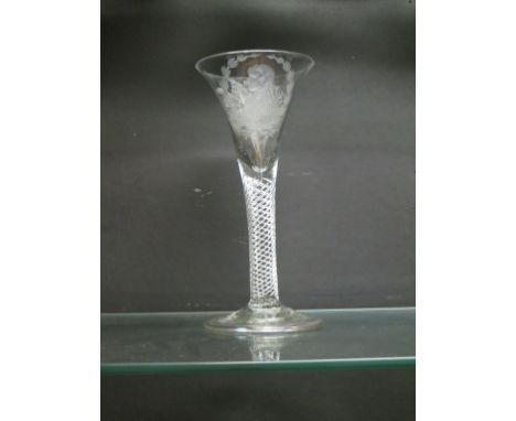 A mid-18th century Nelson-related wine glass, drawn-trumpet with air-twist stem, bowl later-engraved, circa 1800-1805, with a