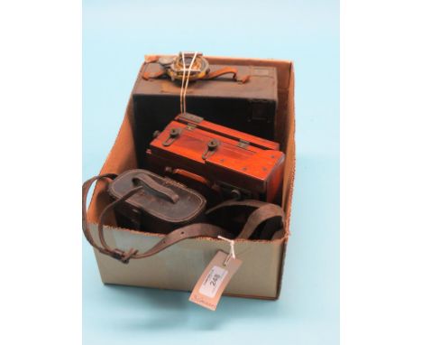 A Ross of London brass-mounted mahogany plate camera, Goerz Patent, together with an Eastman Kodak camera and a pair of Goerz